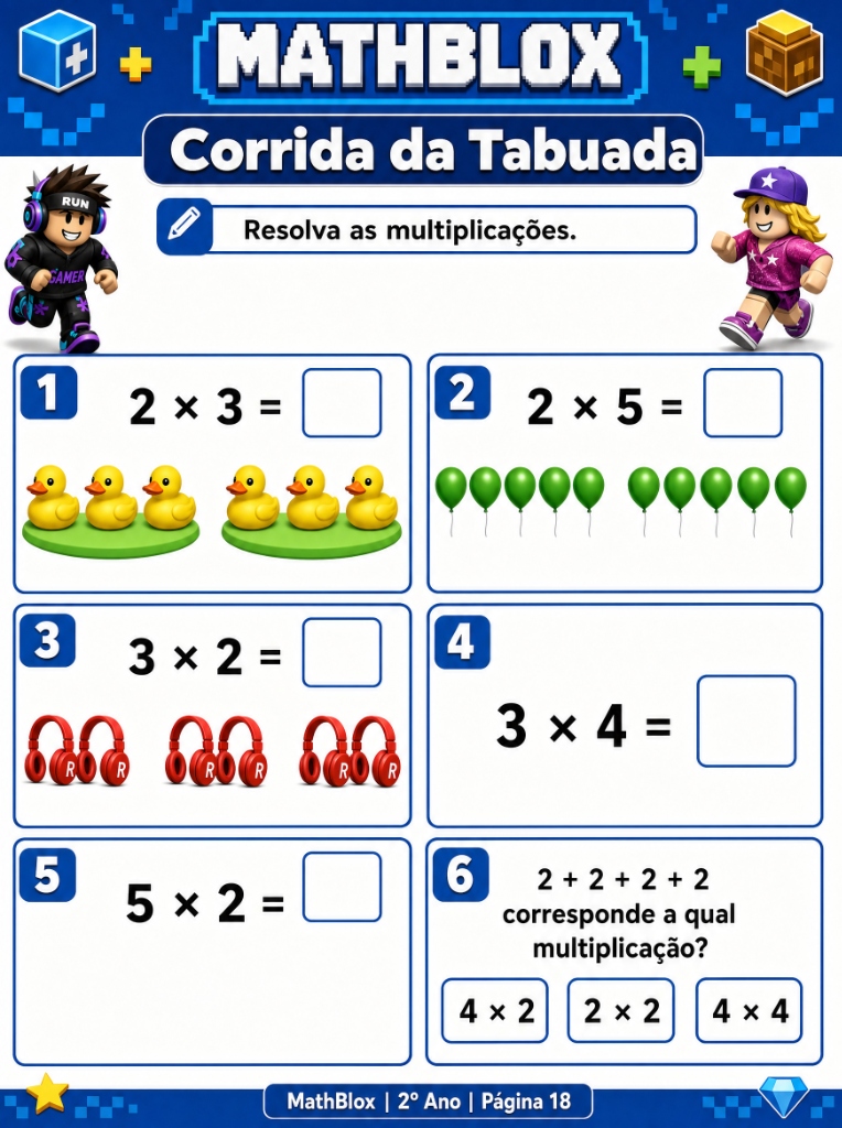 Corrida da Tabuada — atividade de multiplicação com avatares