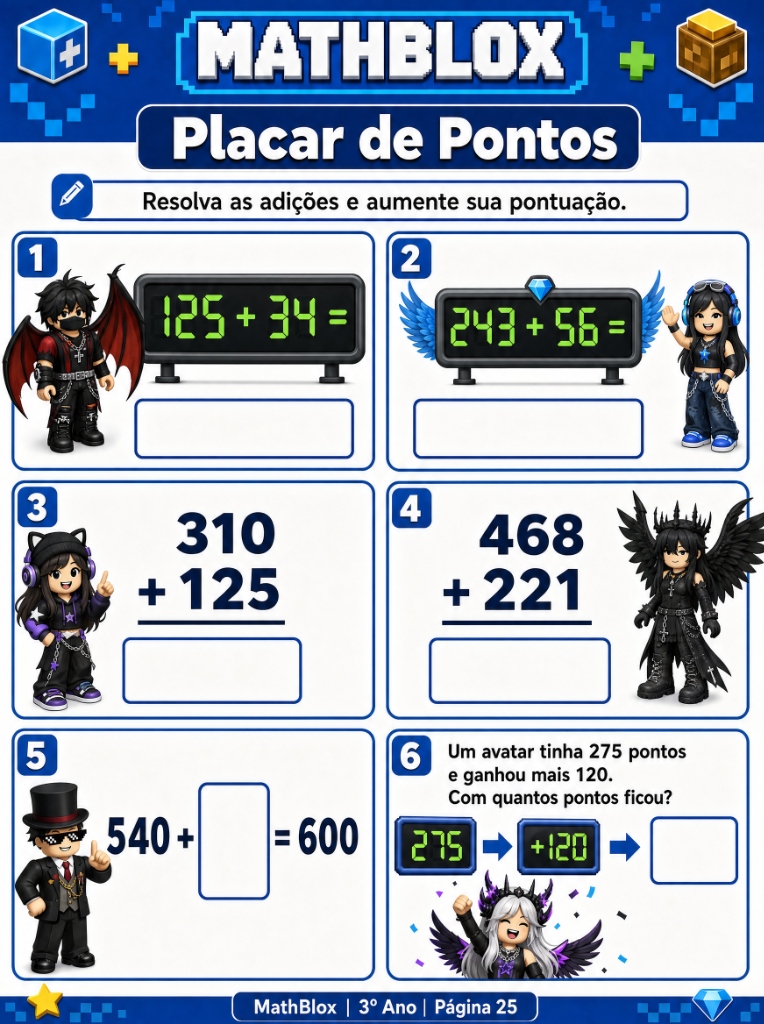 Placar de Pontos — atividade de adição com personagens